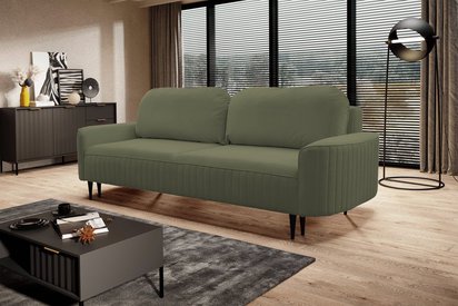 Sotira sofa bed with sleeping function and bedding container, olive velvet