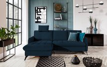 Corner sofa with sleeping function Casotti L-shaped with container and adjustable headrest navy blue hydrophobic velvet left-hand side