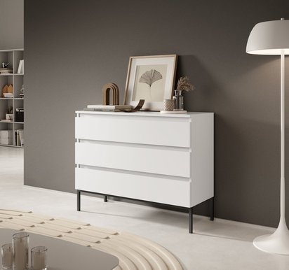 Bemmi White three-drawer chest of drawers with black legs