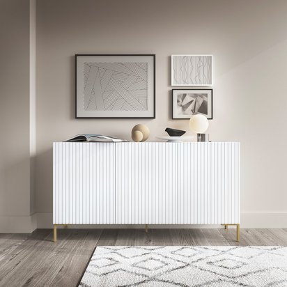 Lammelo three-door chest of drawers, 140 cm, white with gold legs