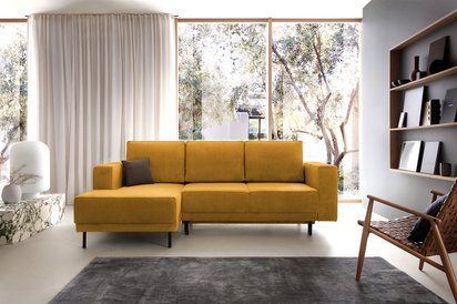 Rodario mini mustard corner sofa with sleeping function with left-hand corduroy container