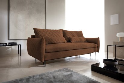 Pikada sofa bed with sleeping function and bedding container, copper velvet