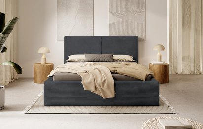 Upholstered bed 140/200 cm Farese dark gray Poso 34 with container and gas actuator corduroy