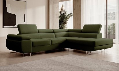 Stevil L-shaped corner sofa with sleeping function with Castel 39 container, easy-to-clean velvet, right-hand