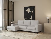 Mokpeo L-shaped corner sofa with sleeping function with two containers on black legs Sorella 03 chenille left-hand side