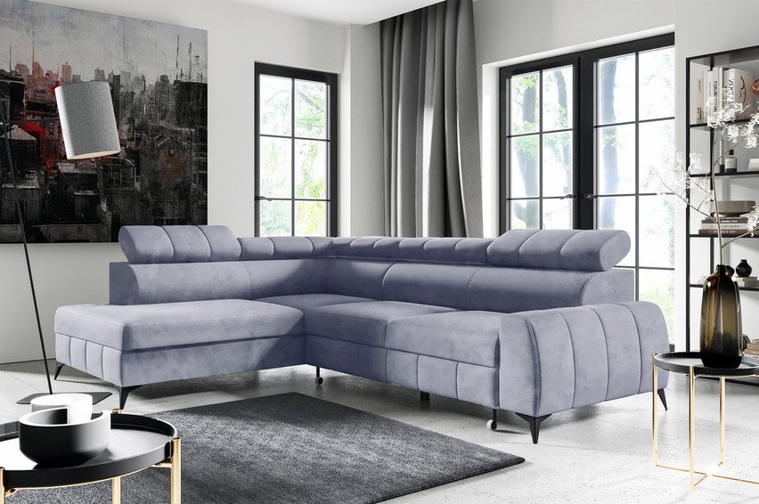 Corner sofa with sleeping function London L-shaped left side with container Paros 05 velour