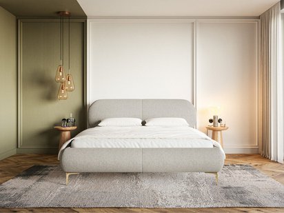Upholstered bed 160x200 cm Ovalle with storage, metal frame, gray-beige, hydrophobic braid, gold legs