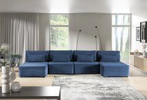 Corner sofa with sleeping function Moduliano U-shaped large with container universal navy blue corduroy