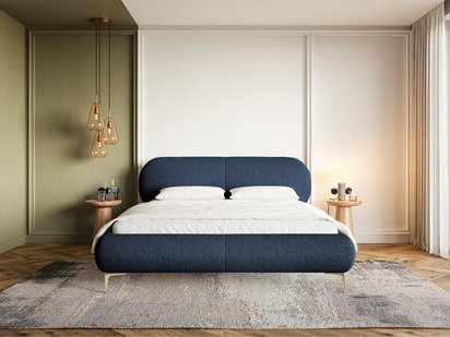 Upholstered bed 180x200 cm Ovalle, navy blue, hydrophobic braid, gold legs