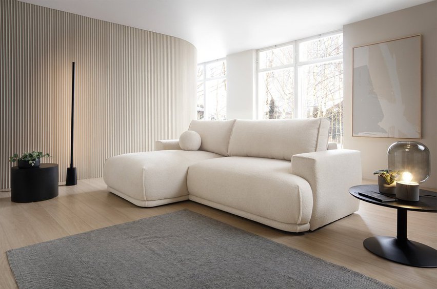 Divo Mini L-shaped corner sofa with sleeping function with a left-sided cream boucle container