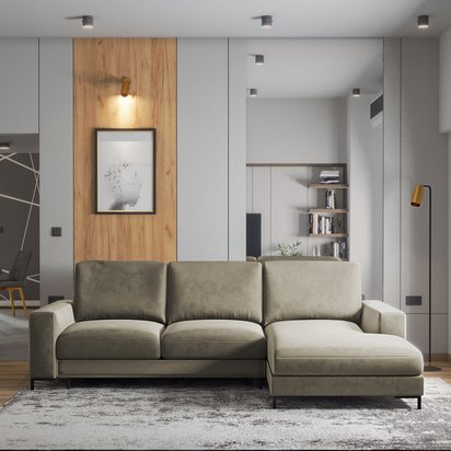 Canapé d'angle Mokpeo Velutto avec fonction couchage, 3 pieds noirs (Droite)