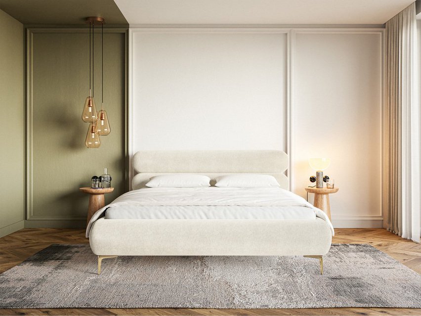 Upholstered bed 140x200 cm Roule with storage, metal frame Amon 18, hydrophobic velvet, gold legs