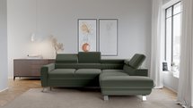 Bambito L-shaped corner sofa with sleeping function with container and adjustable headrests, olive velvet, hydrophobic, right-hand side