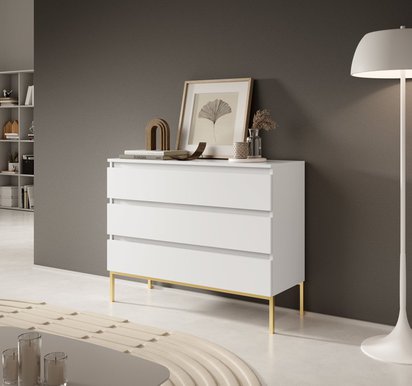 Bemmi White three-drawer chest of drawers with gold legs