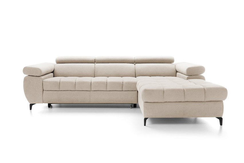 Pernes L-shaped corner sofa bed with adjustable headrests and armrests and a container (Fabric: Castel 03, Side: Right)