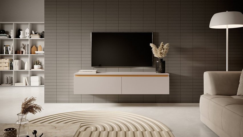 Seney TV cabinet 140 cm Gray beige with gold strip