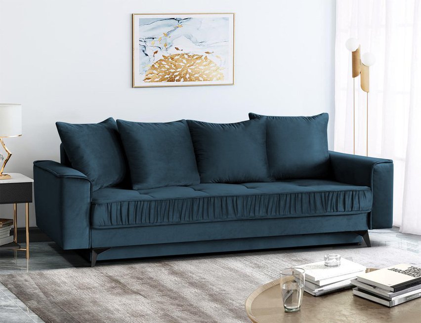 Elanja blue three-seater sofa with velvet storage