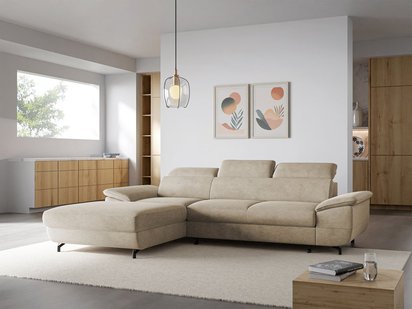 Corner sofa with sleeping function Lambo L-shaped Castel 15 with container, black legs, left-hand side