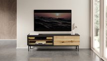 RTV cabinet Lang 180 cm with slats and LED lighting black / evoke oak (Lighting: Warm light color, LED Panel: Yes)