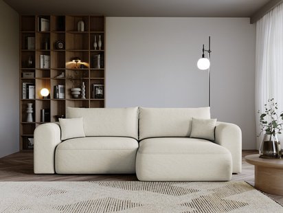 Sollano L-shaped corner sofa with sleeping function with a container, universal, creamy, easy-to-clean chenille