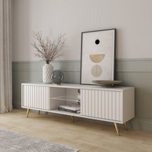 Bello TV cabinet with lamella fronts, 135 cm, white, with gold legs