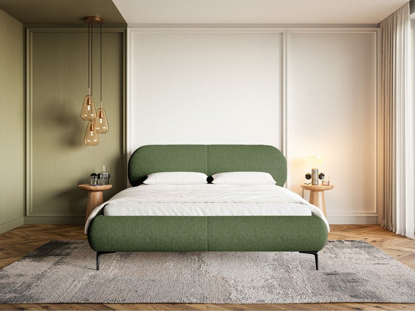 Upholstered bed 160x200 cm Ovalle olive, hydrophobic braid, black legs