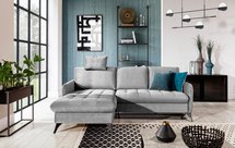 Corner sofa with sleeping function Casotti L-shaped with container and adjustable headrest gray hydrophobic velvet left-hand side