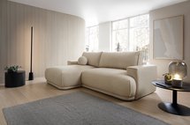 Divo Mini L-shaped corner sofa with sleeping function with a container, light beige boucle, left-handed