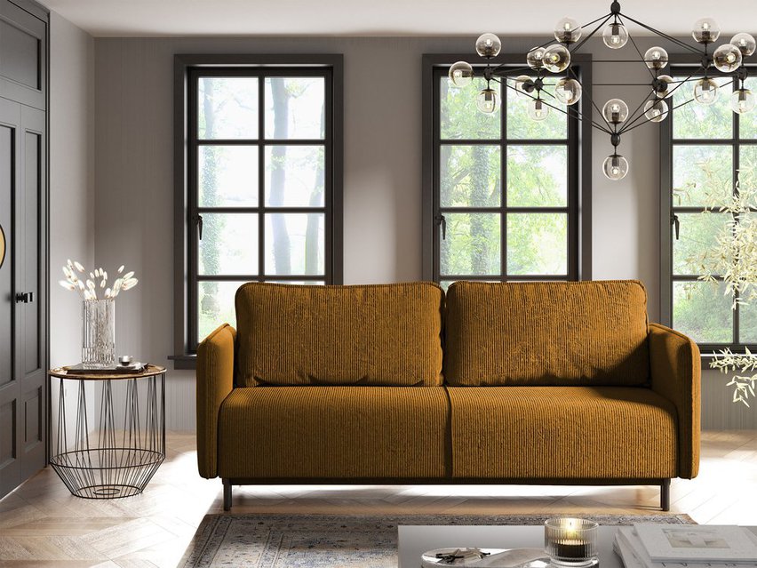 Pantalla three-seater sofa bed with storage, mustard corduroy