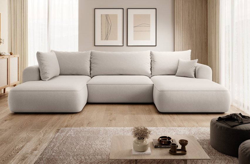 Ovo U-shaped corner sofa with sleeping function with container Castel 04, easy-to-clean velvet, left-hand side