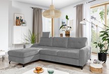 Buriano L-shaped corner sofa with sleeping function with container and adjustable headrest, gray hydrophobic velvet, left-hand side