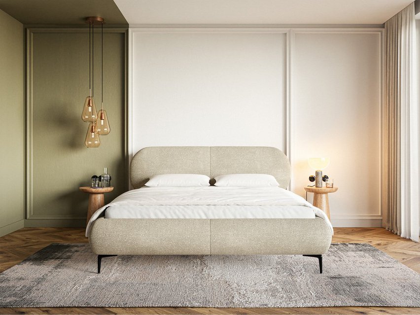 Upholstered bed 180x200 cm Ovalle with storage, metal frame, beige chenille, black legs