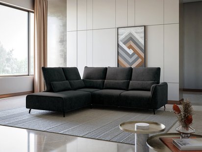 Rumbia corner sofa with sleeping function, L-shaped pouf, black side, adjustable backrest, easy-clean fabric, black legs, left-handed