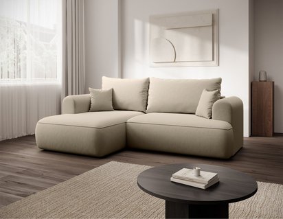 Corner sofa with sleeping function Ovo mini L-shaped left-hand side with storage, light beige velvet, easy to clean