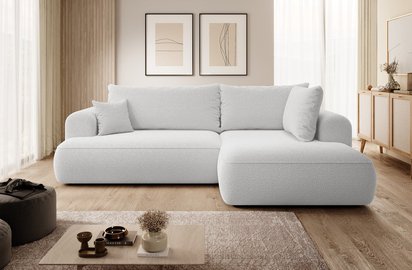 Ovo II L-shaped corner sofa with sleeping function Abriamo 05 with side panel and right-hand boucle container