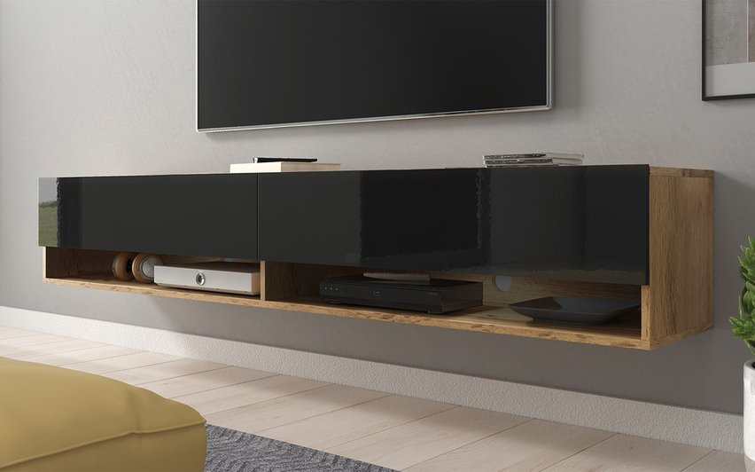 Wander TV cabinet 180 cm (Colour variant: Wotan Oak / Gloss Black, Colour: Non)