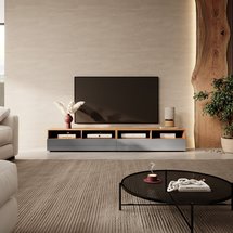 TV cabinet with two drawers Rednaw 200 cm (Colour variant: Wotan Oak / Gloss Grey, Colour: Non)