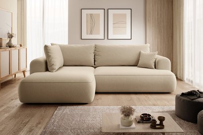 Ovo II L-shaped corner sofa with sleeping function Castel 15 with side and container, easy-to-clean velvet, left-hand