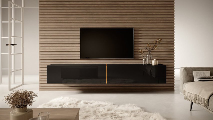 Bisira TV cabinet, 200 cm, black with gold insert