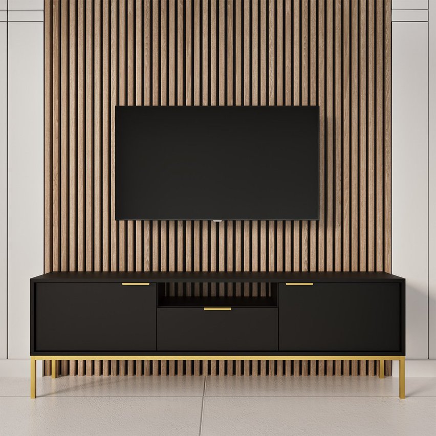 Diargo 135 cm two-door TV cabinet with a drawer and a recess, black on a gold frame