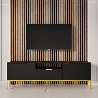 Diargo 135 cm two-door TV cabinet with a drawer and a niche, black on a gold frame