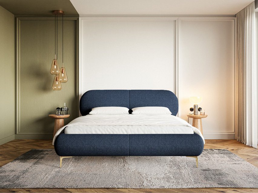 Upholstered bed 140x200 cm Ovalle, navy blue, hydrophobic braid, gold legs