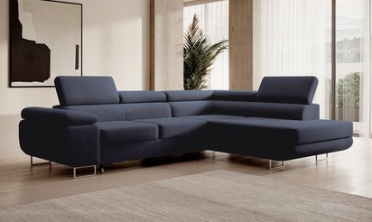 Stevil L-shaped corner sofa with sleeping function with Castel 79 container, easy-to-clean velvet, right-hand