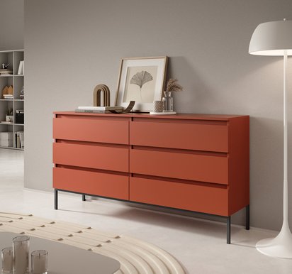 Bemmi six-drawer chest of drawers, brick, with black legs