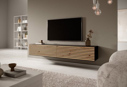 Pavas TV cabinet, 175 cm, graphite with lamella front, artisan oak and graphite inserts