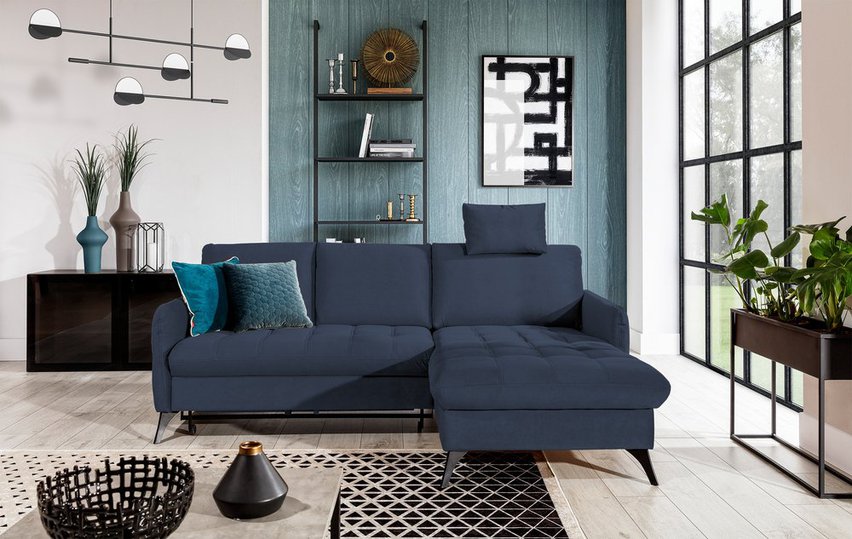 Corner sofa with sleeping function Casotti L-shaped with container and adjustable headrest navy blue in easy-clean fabric right-hand side