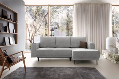 Rodario mini light gray corner sofa with sleeping function with right-hand corduroy container