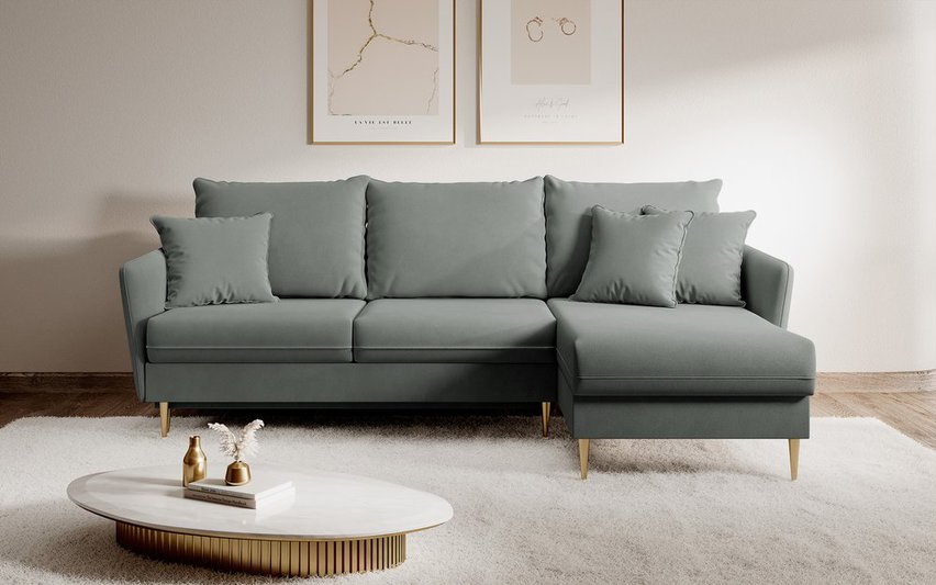 Volio velvet corner sofa with sleeping function, hydrophobic, golden legs