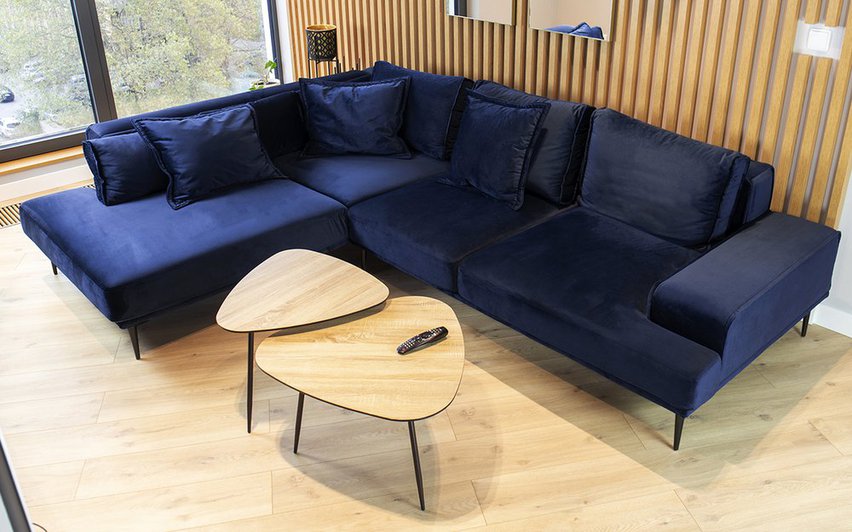 Corner sofa with sleeping function Mesito navy blue on black legs, right-hand side