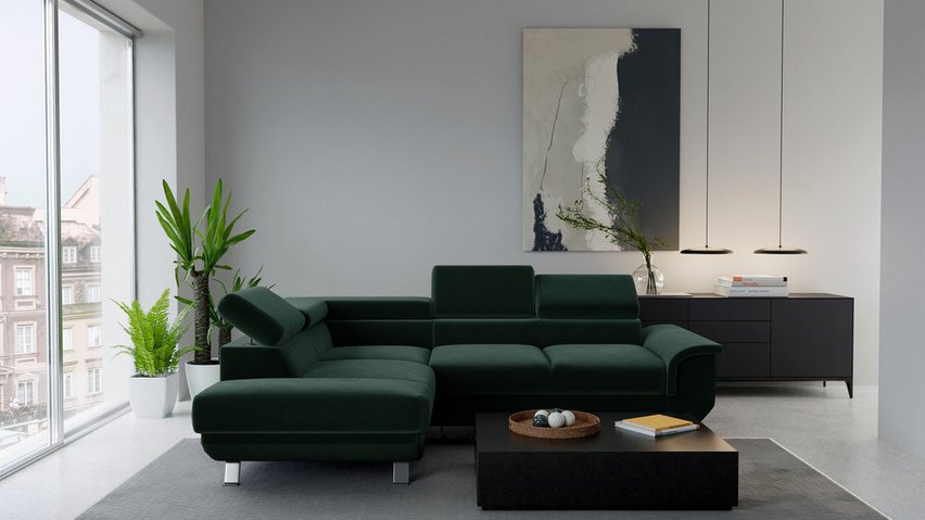 Carenero L-shaped corner sofa with sleeping function with storage and adjustable headrests, dark green hydrophobic velvet, left-hand side